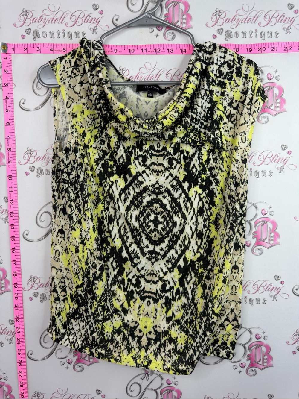 Jones New York Neon Yellow Black Abstract Cowl Neck Sleeveless Top
